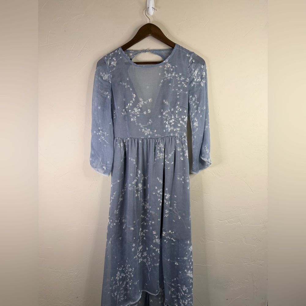 Boho, Cottagecore Dusty Blue sheer whimsical  Floral Long Sleeve Midi Dress